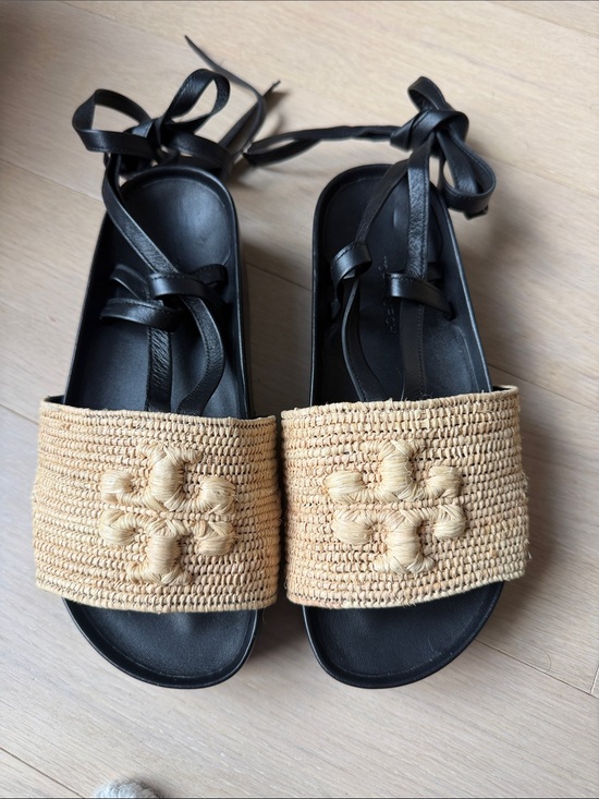 Tory Burch Shoes - Tory Burch Black Footbed Raffia
Slide Sandals with Natural
Raffia Strap Size 5